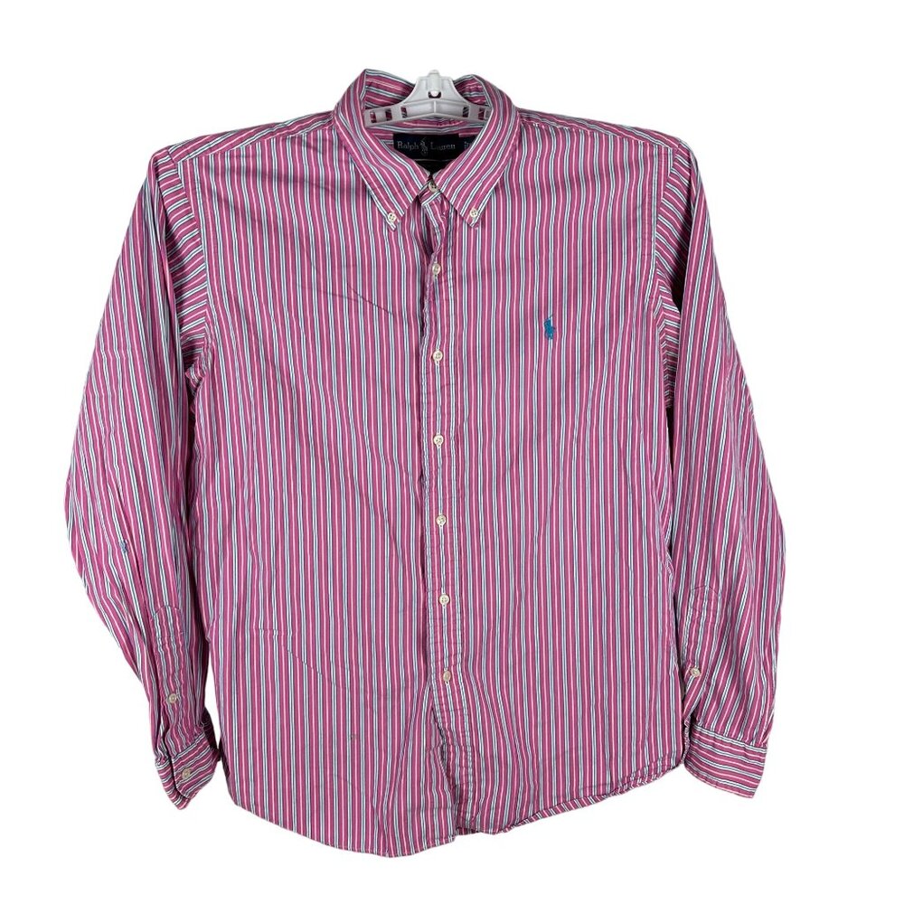 Ralph Lauren Mens Pink & Blue Striped Custom Fit Long Sleeve Shirt Size L